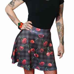 Kreeps Skirts - Cherry Skull Skirt L Gothic Plaid Black Red Skater Kreeps Skirts - Cherry Skull Skirt L Gothic Plaid Black Red Skater